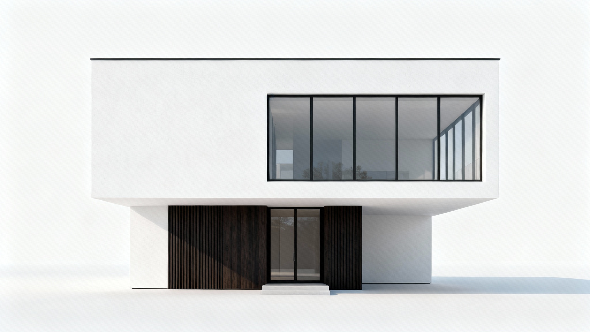 A photorealistic rendering of the front elevation of a modern, minimalist two-story house with white stucco, dark wood accents, and large windows, set against a solid white background.