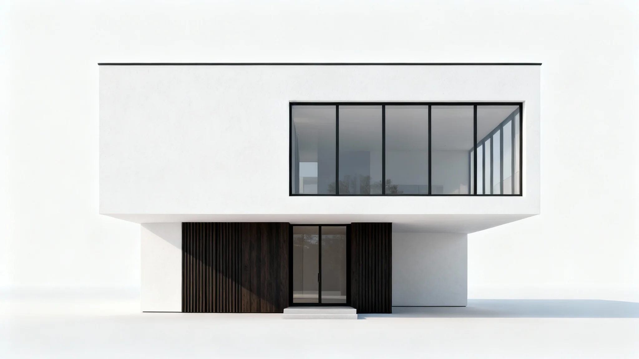 A photorealistic rendering of the front elevation of a modern, minimalist two-story house with white stucco, dark wood accents, and large windows, set against a solid white background.