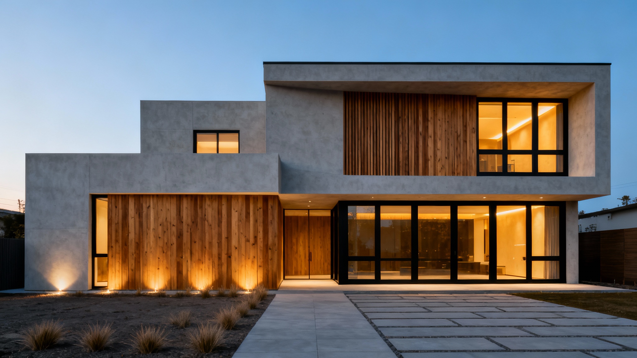 Front elevation of a luxurious two-story modern house at dusk, featuring large windows, wood and concrete exterior, and warm glowing lights.