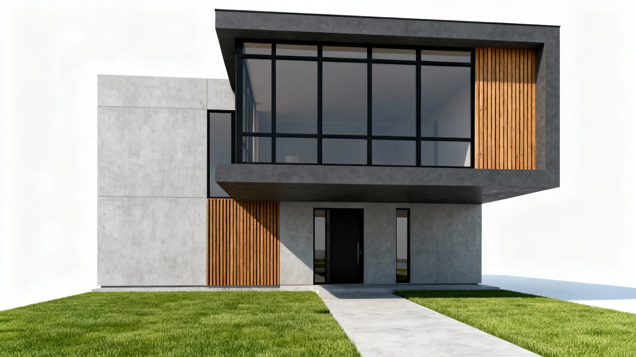 A photorealistic rendering of a modern house's front elevation, featuring a mix of concrete and wood, large windows, and a minimalist design on a clean white background.