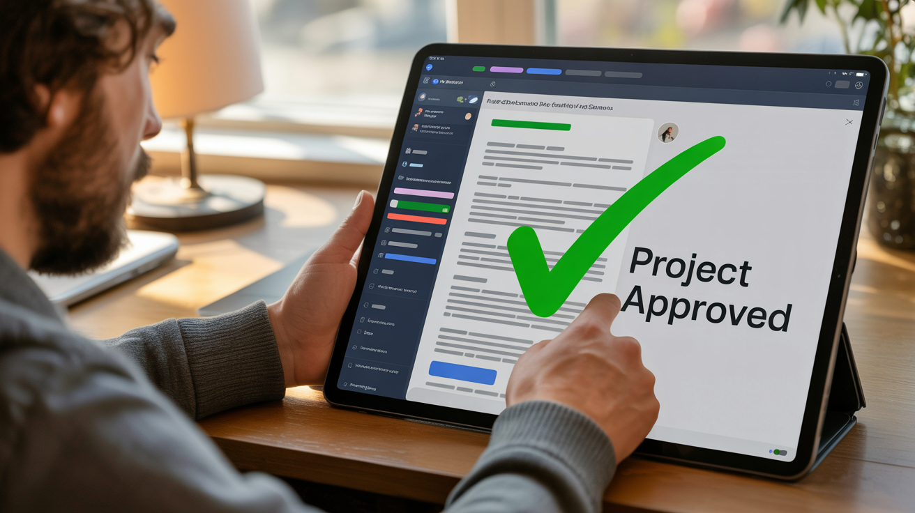 A close-up of a tablet screen showing a project document with a large green checkmark next to the words 'Project Approved', indicating a successful outcome.