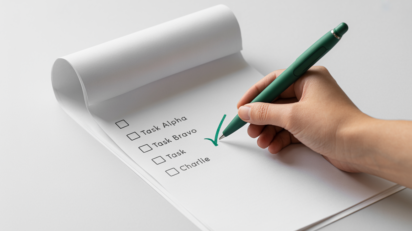 A close-up image of a hand using a green pen to add a checkmark to a to-do list, symbolizing a completed task, set against a clean white background.