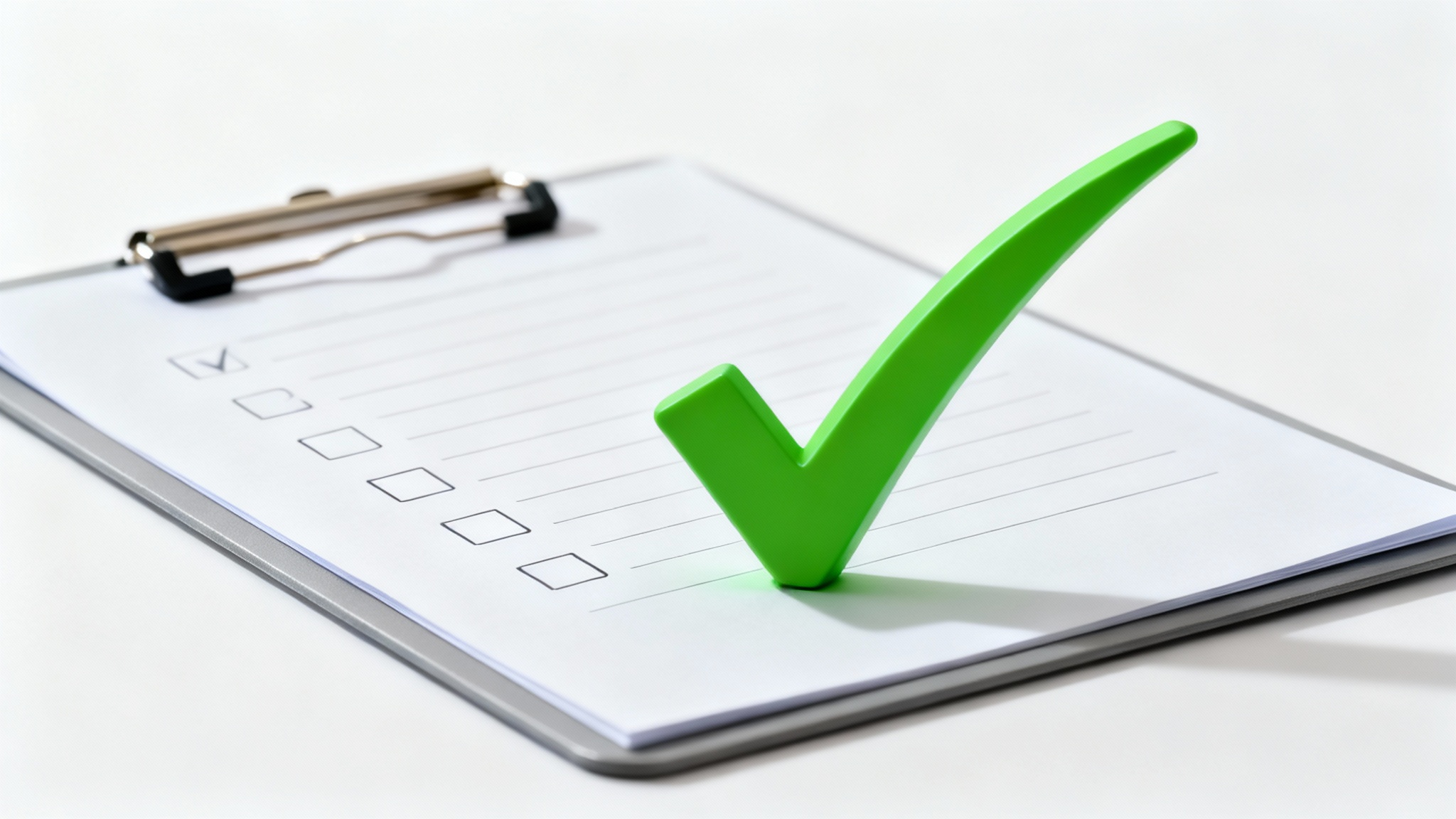 A professional mockup of a clipboard with a checklist on a white background. A large green checkmark next to an item symbolizes completion and approval.