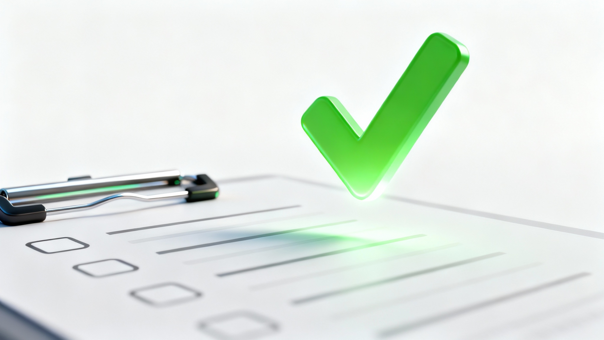 A close-up 3D render of a vibrant green checkmark icon next to a stylized list item on a clean white background, symbolizing completion and success.