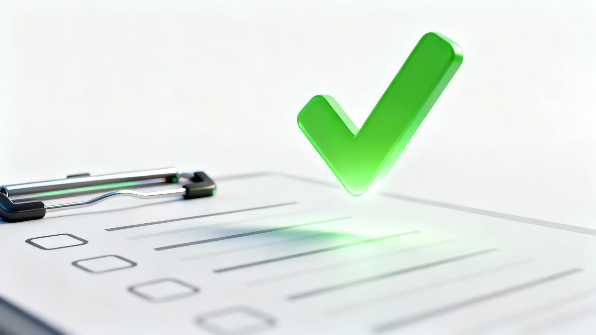 A close-up 3D render of a vibrant green checkmark icon next to a stylized list item on a clean white background, symbolizing completion and success.