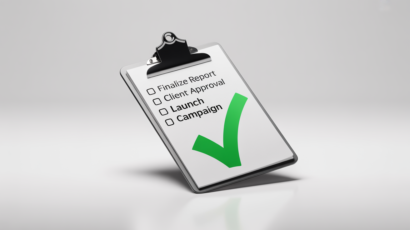 A modern clipboard on a white background, showing a task list where the final item, 'Launch Campaign', is marked complete with a large green checkmark.