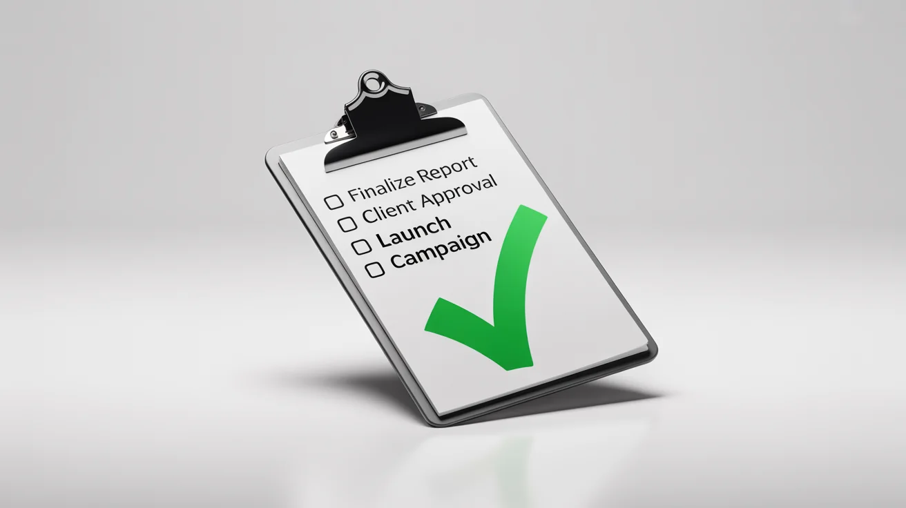 A modern clipboard on a white background, showing a task list where the final item, 'Launch Campaign', is marked complete with a large green checkmark.