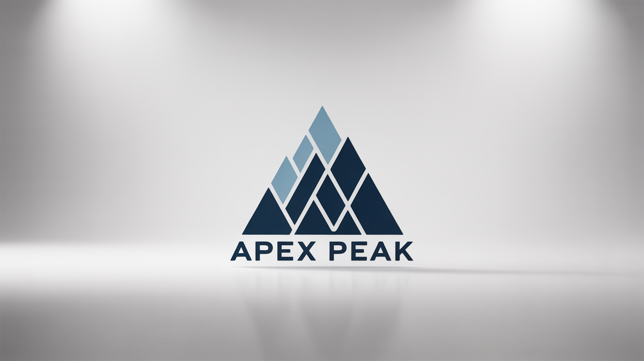 A modern, minimalist logo for a fictional brand called 'APEX PEAK', featuring a geometric mountain range in navy blue and gray, displayed on a clean white background.
