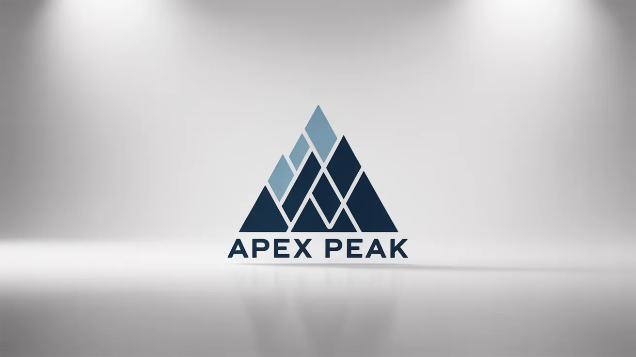 A modern, minimalist logo for a fictional brand called 'APEX PEAK', featuring a geometric mountain range in navy blue and gray, displayed on a clean white background.