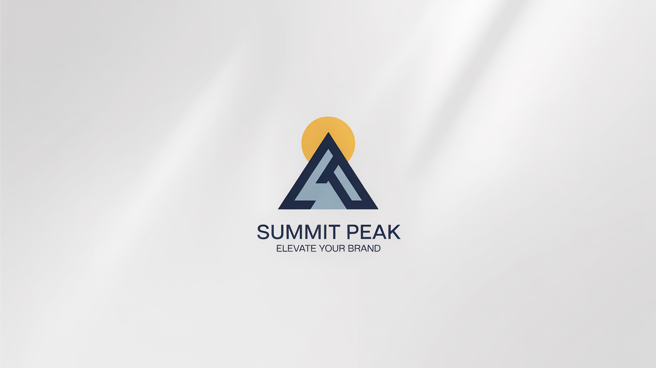 A modern minimalist logo mockup for a brand named 'SUMMIT PEAK'. The logo shows a geometric mountain in navy blue and gray with a golden sun behind it, all on a crisp white background.