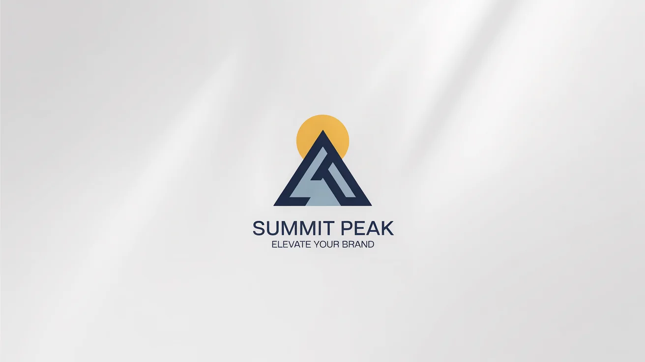 A modern minimalist logo mockup for a brand named 'SUMMIT PEAK'. The logo shows a geometric mountain in navy blue and gray with a golden sun behind it, all on a crisp white background.