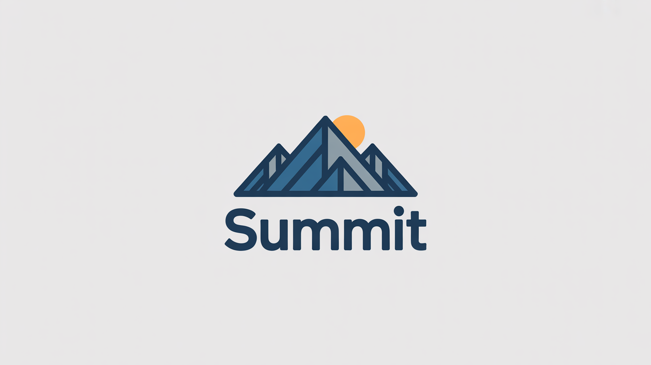 A modern, minimalist logo featuring a geometric mountain range in navy blue and gray, with an orange circle sun. The word 'SUMMIT' is written underneath. The logo is on a white background.