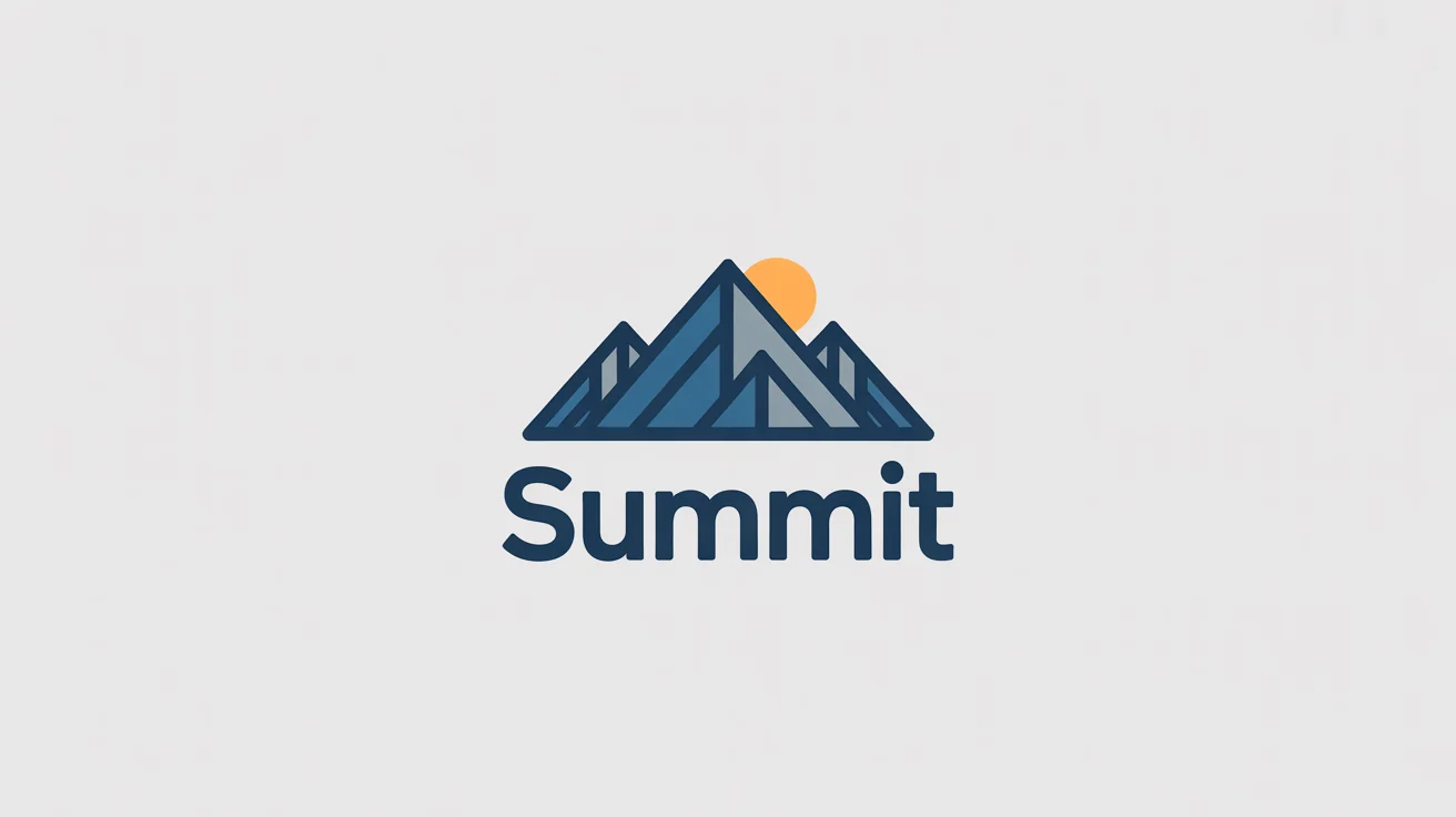 A modern, minimalist logo featuring a geometric mountain range in navy blue and gray, with an orange circle sun. The word 'SUMMIT' is written underneath. The logo is on a white background.