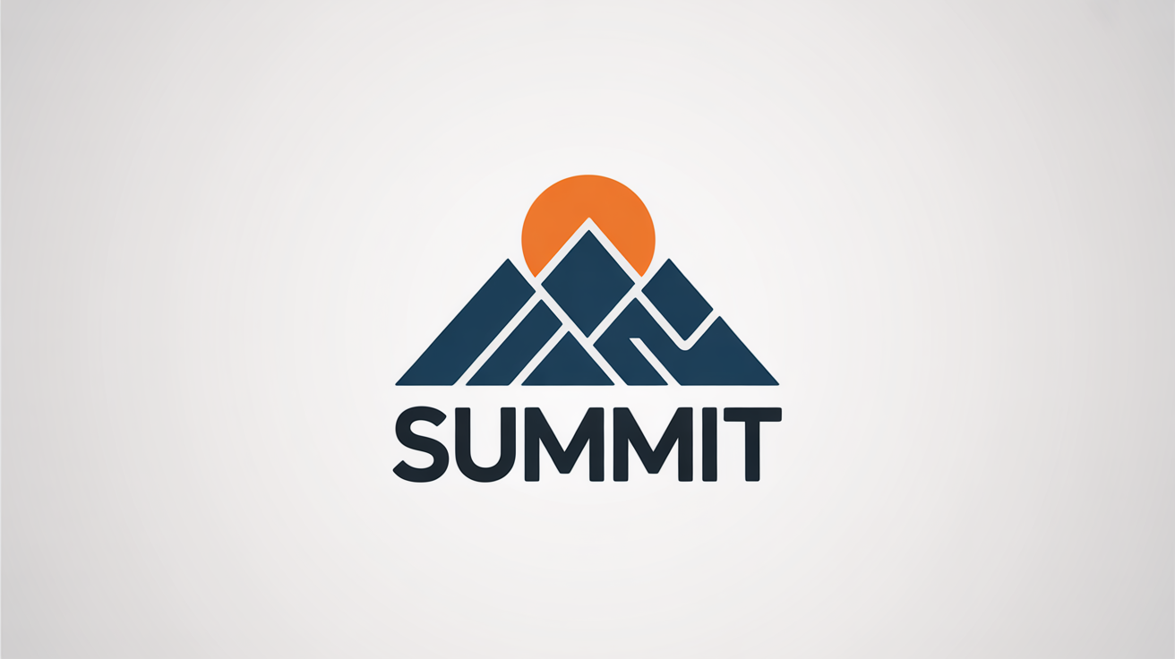 A modern, minimalist logo of a mountain peak. The logo features a stylized geometric mountain in navy blue and grey, with an orange circle for the sun. The word "SUMMIT" is written below in a bold, dark grey font, all presented on a clean white background.