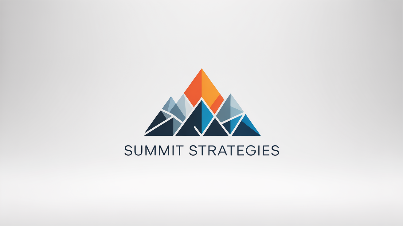 A modern, minimalist logo featuring a geometric mountain peak in blue, gray, and orange, with the text 'SUMMIT STRATEGIES' below, presented as a mockup on a white background.