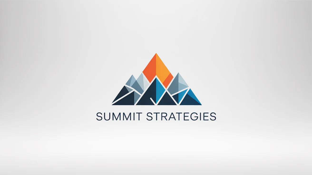 A modern, minimalist logo featuring a geometric mountain peak in blue, gray, and orange, with the text 'SUMMIT STRATEGIES' below, presented as a mockup on a white background.