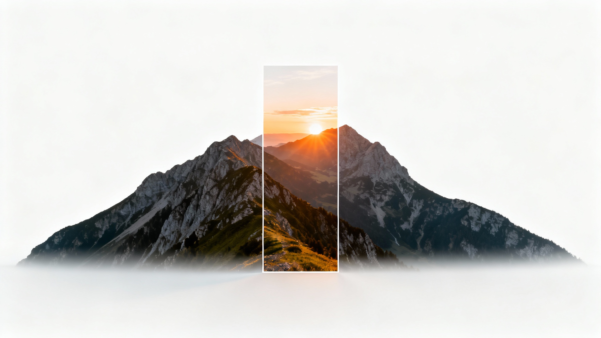 A conceptual image showing a wide photo of a mountain range being converted to a 4:5 aspect ratio. The central 4:5 portion is in full color and focus, while the wider parts of the image are blurred and faded.