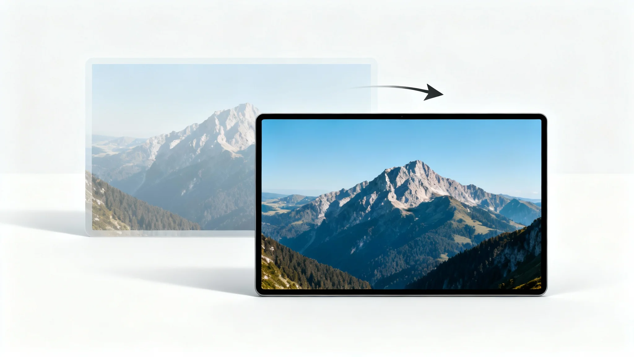 A conceptual image showing a wide landscape photo being converted into a perfectly cropped 4:5 portrait photo, illustrating the function of an aspect ratio converter.
