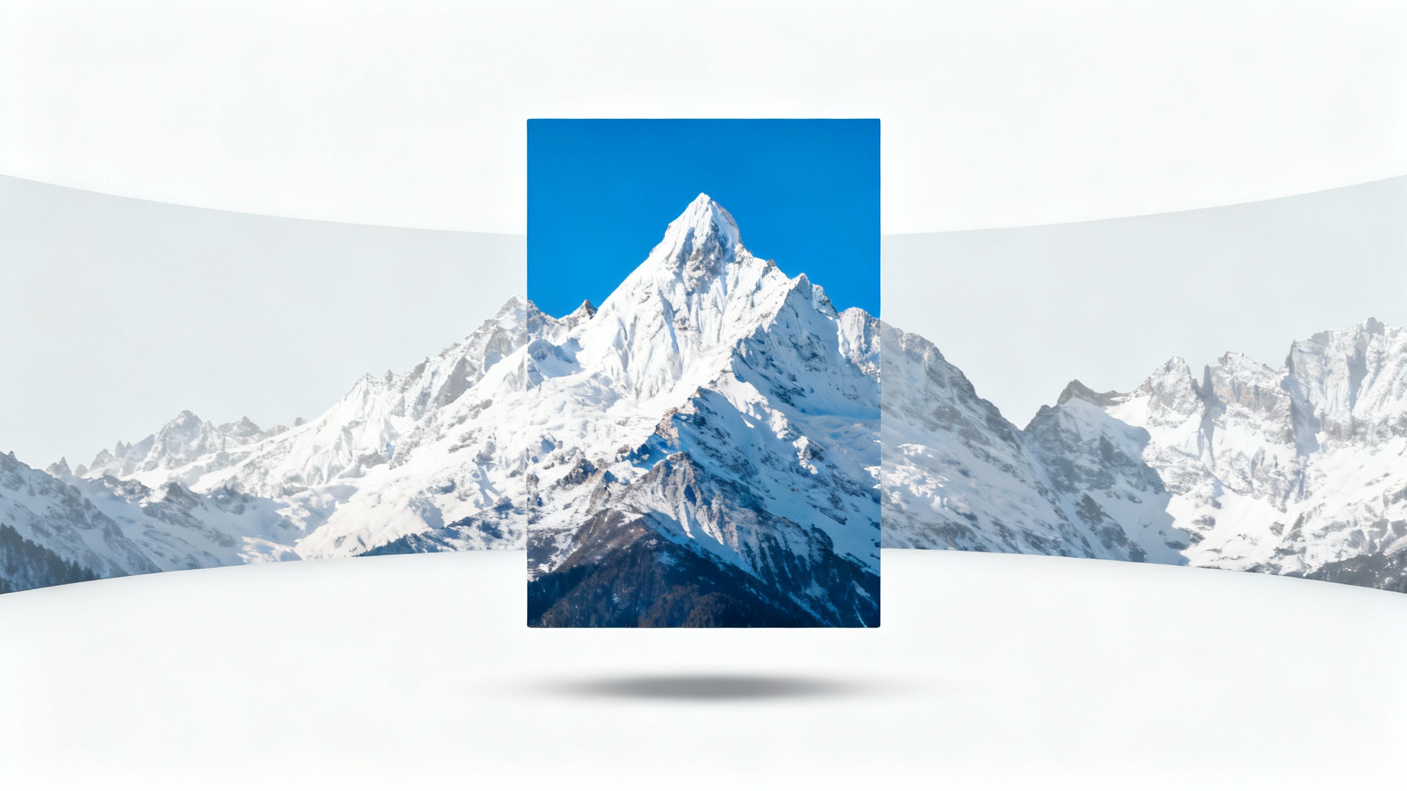 A conceptual image illustrating the conversion of a wide, faded landscape photo into a sharp, vibrant, vertical 4:5 crop of a mountain peak, set against a clean white background.
