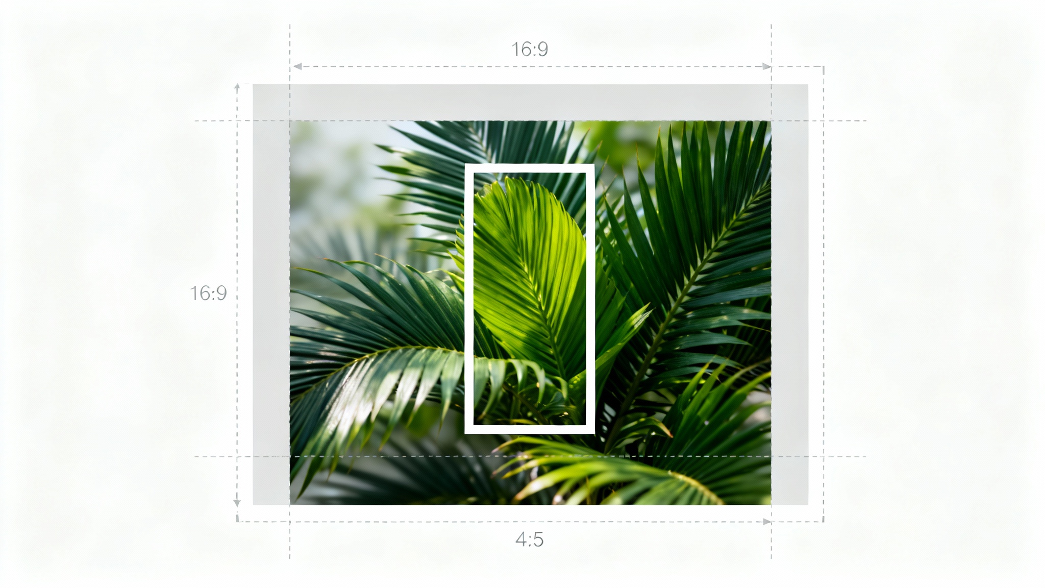 A visual representation of a 4:5 aspect ratio converter, showing a wide image of a tropical plant being cropped into a vertical 4:5 format, with the final cropped area in full color and focus.