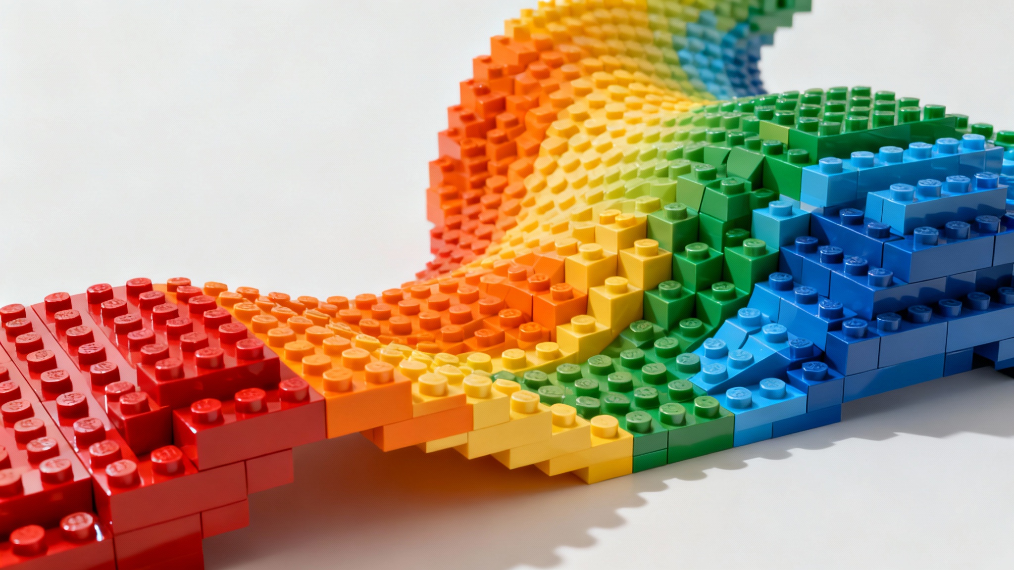 A vibrant, photorealistic background made of colorful LEGO bricks arranged in a dynamic, wave-like 3D pattern, set against a clean white backdrop.