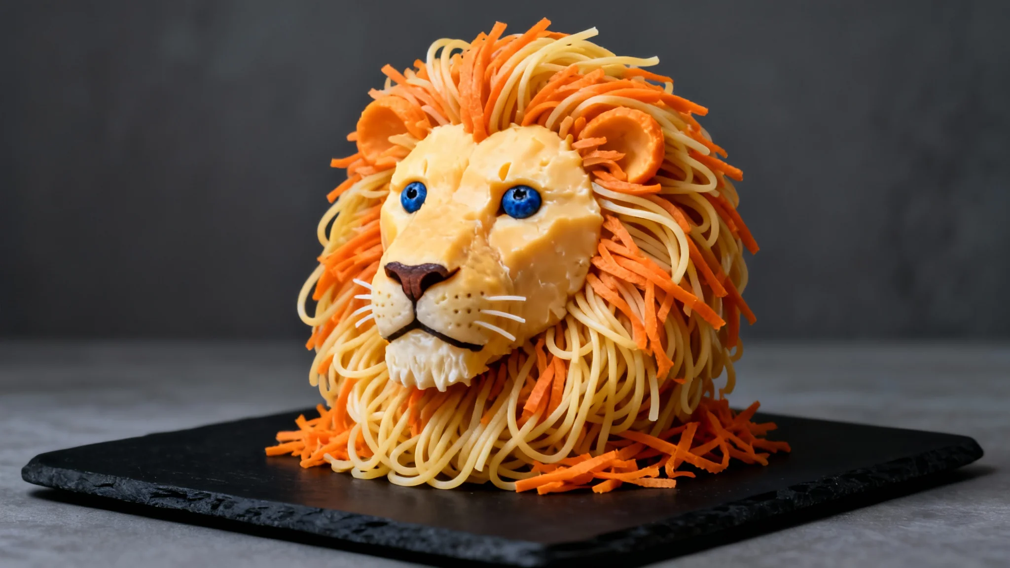 A hyperrealistic food sculpture of a lion's head, with a mane made of pasta and a face made of cheese, displayed on a black slate platter in a studio setting.