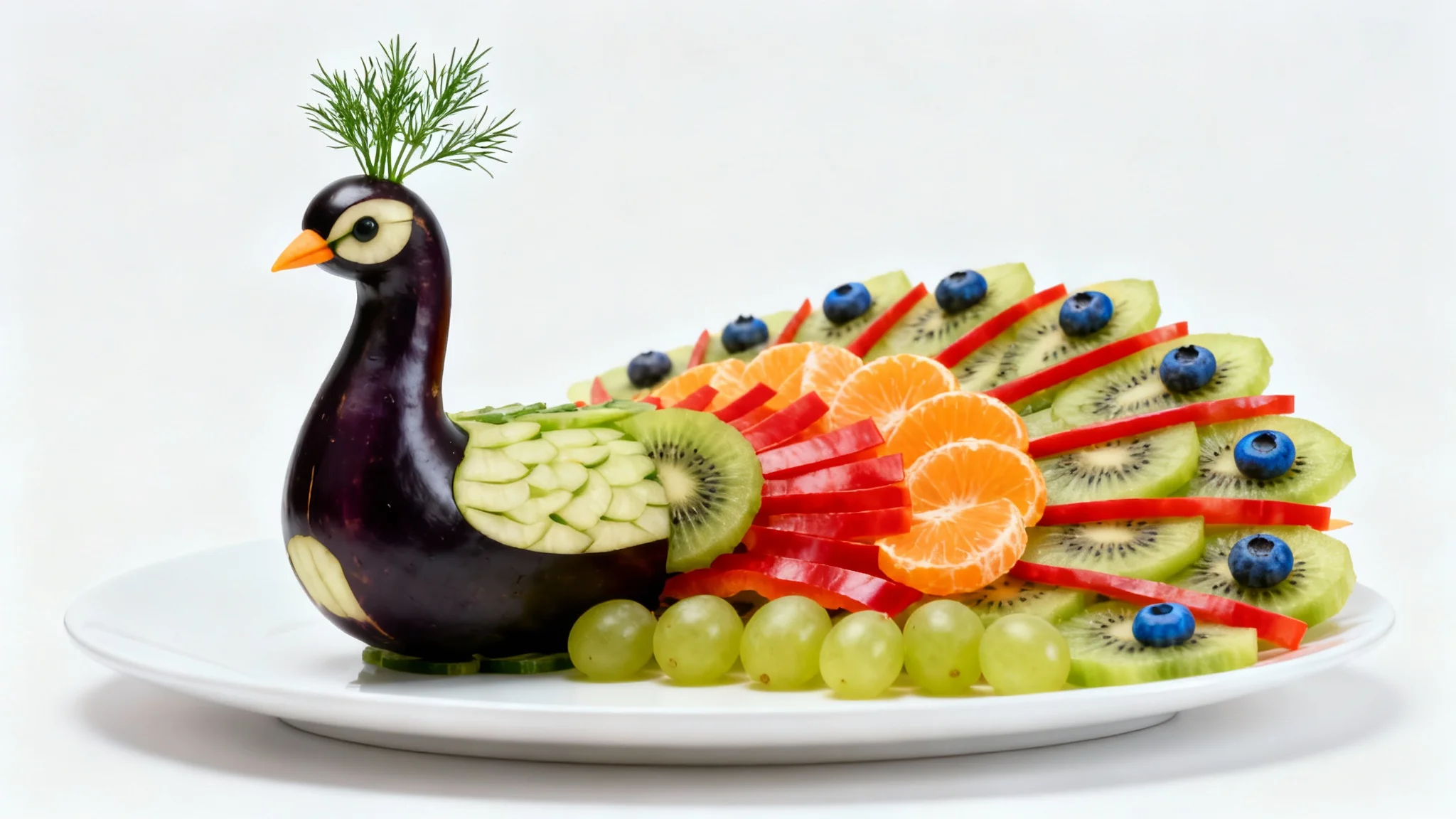 A stunningly intricate sculpture of a peacock made entirely from fresh fruits and vegetables, with its colorful tail fanned out, presented on a white platter against a clean white background.