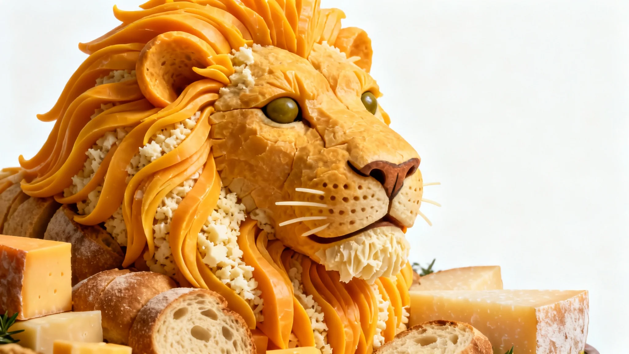 A highly detailed food sculpture of a lion's head, masterfully crafted from different types of cheese and bread, set against a plain white background.