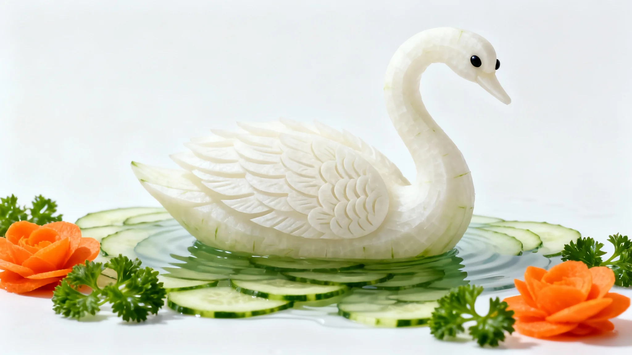 A hyper-realistic food sculpture of a graceful swan carved from a white daikon radish, garnished with cucumber and carrot, set against a plain white background.