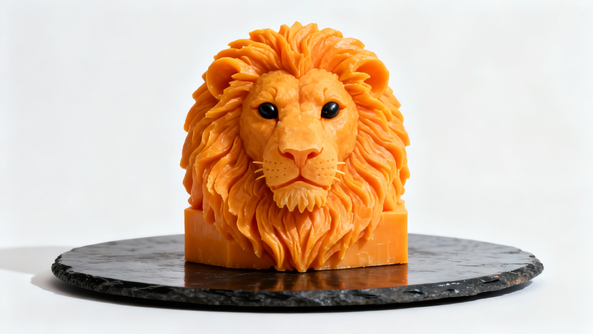A hyperrealistic food sculpture of a lion's head carved entirely from a block of cheddar cheese, with olive eyes, resting on a slate platter against a white background.