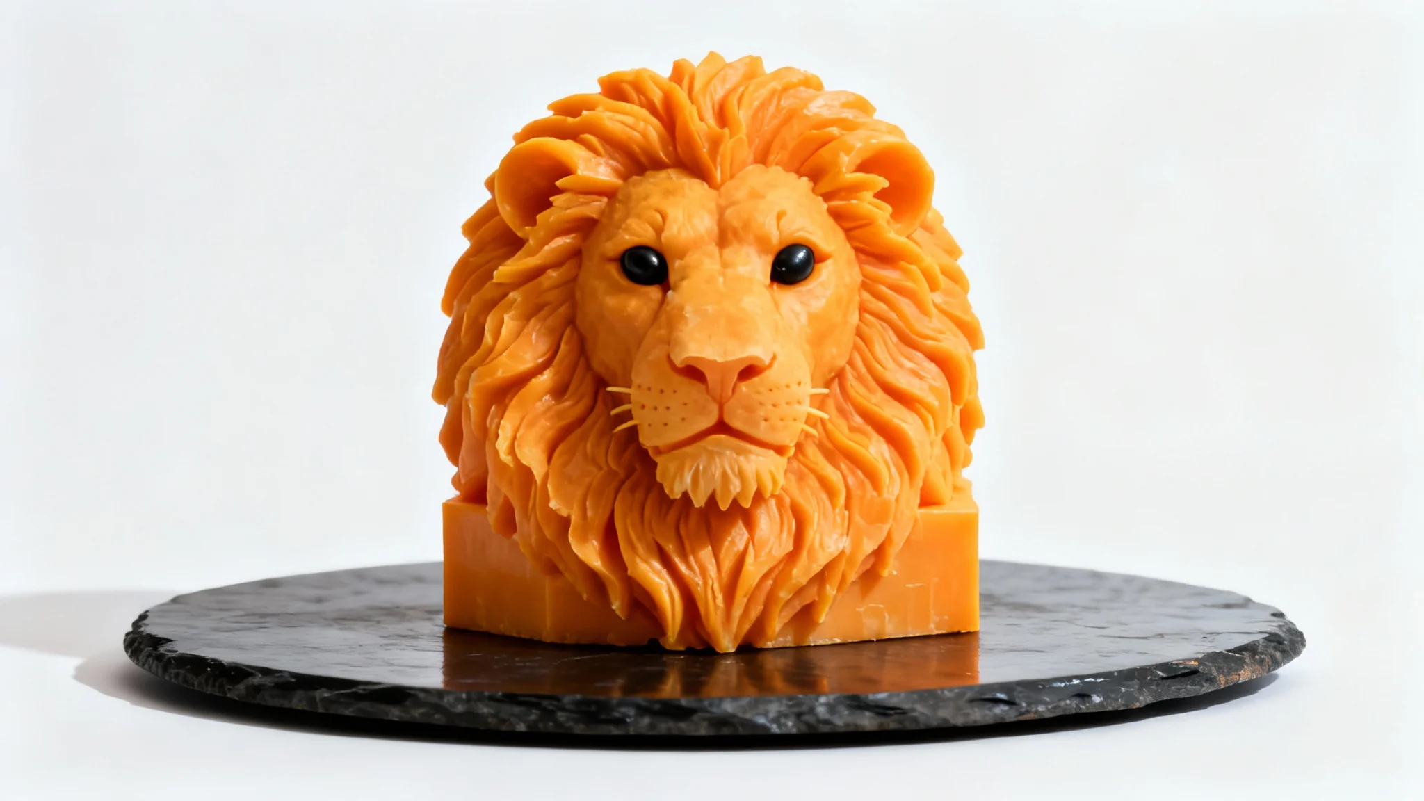 A hyperrealistic food sculpture of a lion's head carved entirely from a block of cheddar cheese, with olive eyes, resting on a slate platter against a white background.
