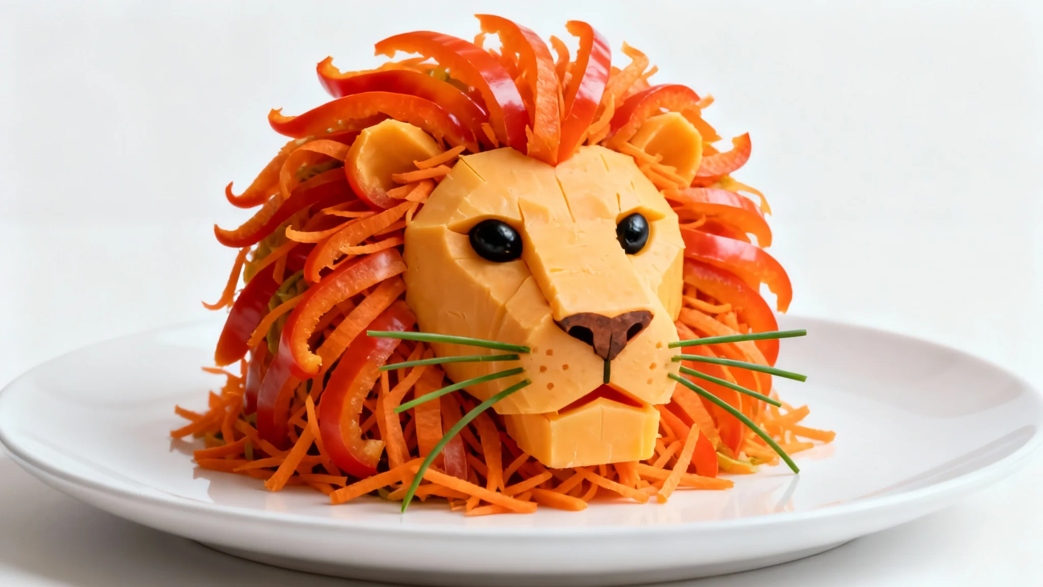 A hyper-realistic food sculpture of a lion's head made from cheese, bell peppers, carrots, and olives, set against a clean white background.