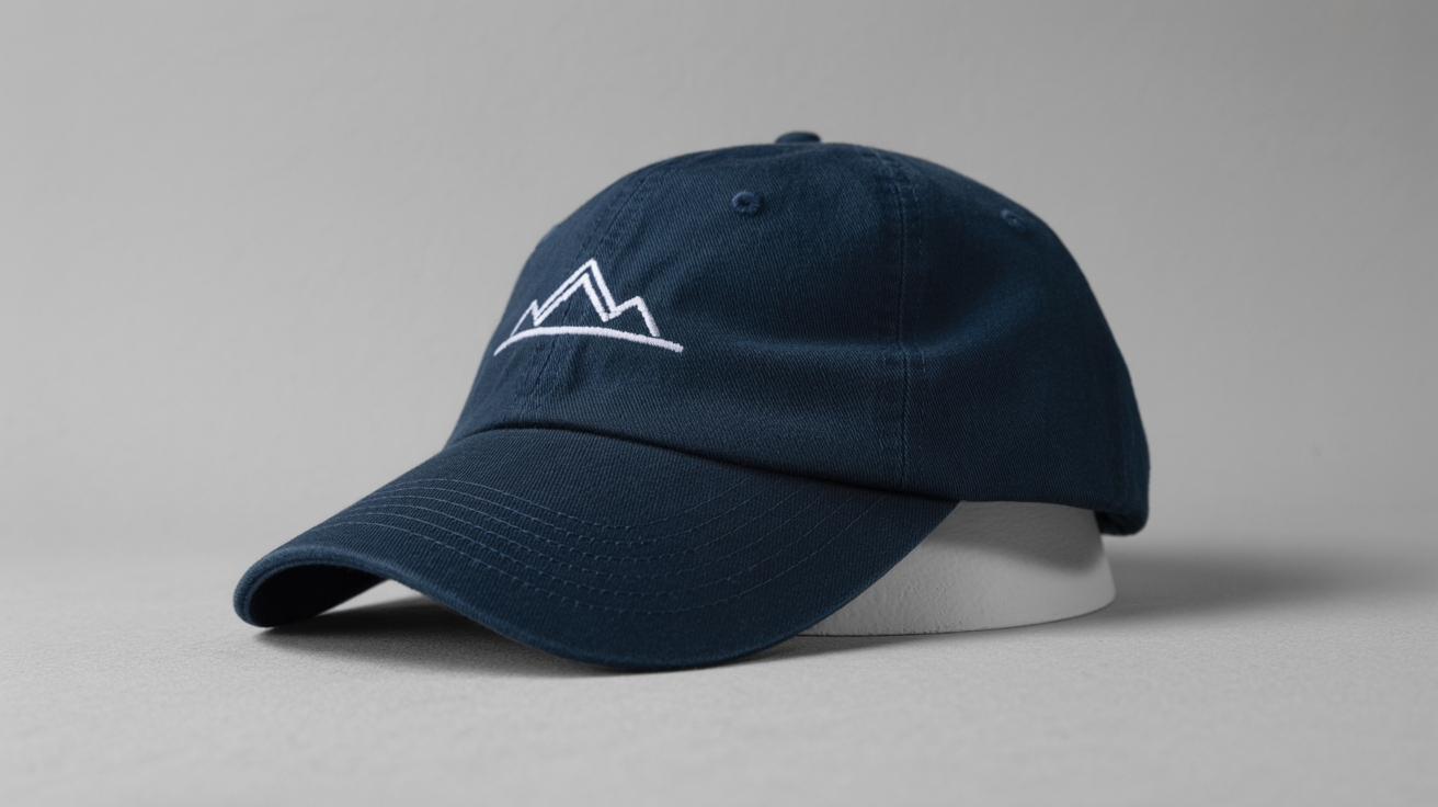 A professional mockup of a navy blue dad hat with a white embroidered mountain logo, displayed on a clean light gray background.