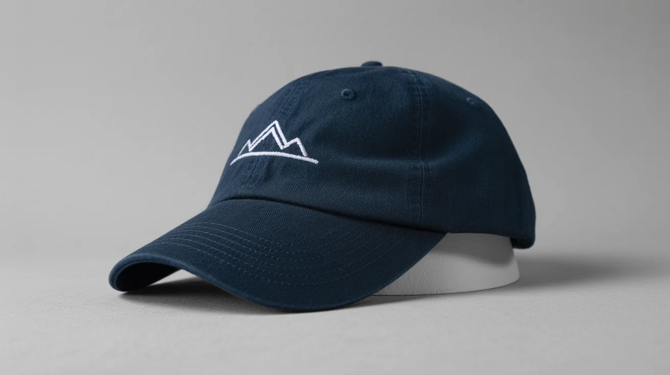 A professional mockup of a navy blue dad hat with a white embroidered mountain logo, displayed on a clean light gray background.
