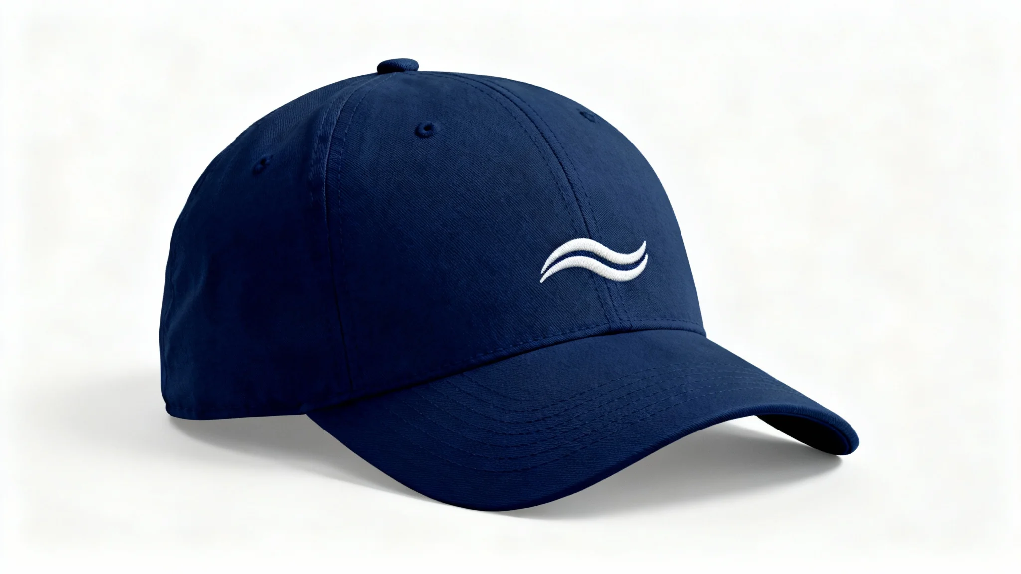 A professional product mockup of a navy blue dad hat featuring a white embroidered wave logo, displayed against a plain white background.