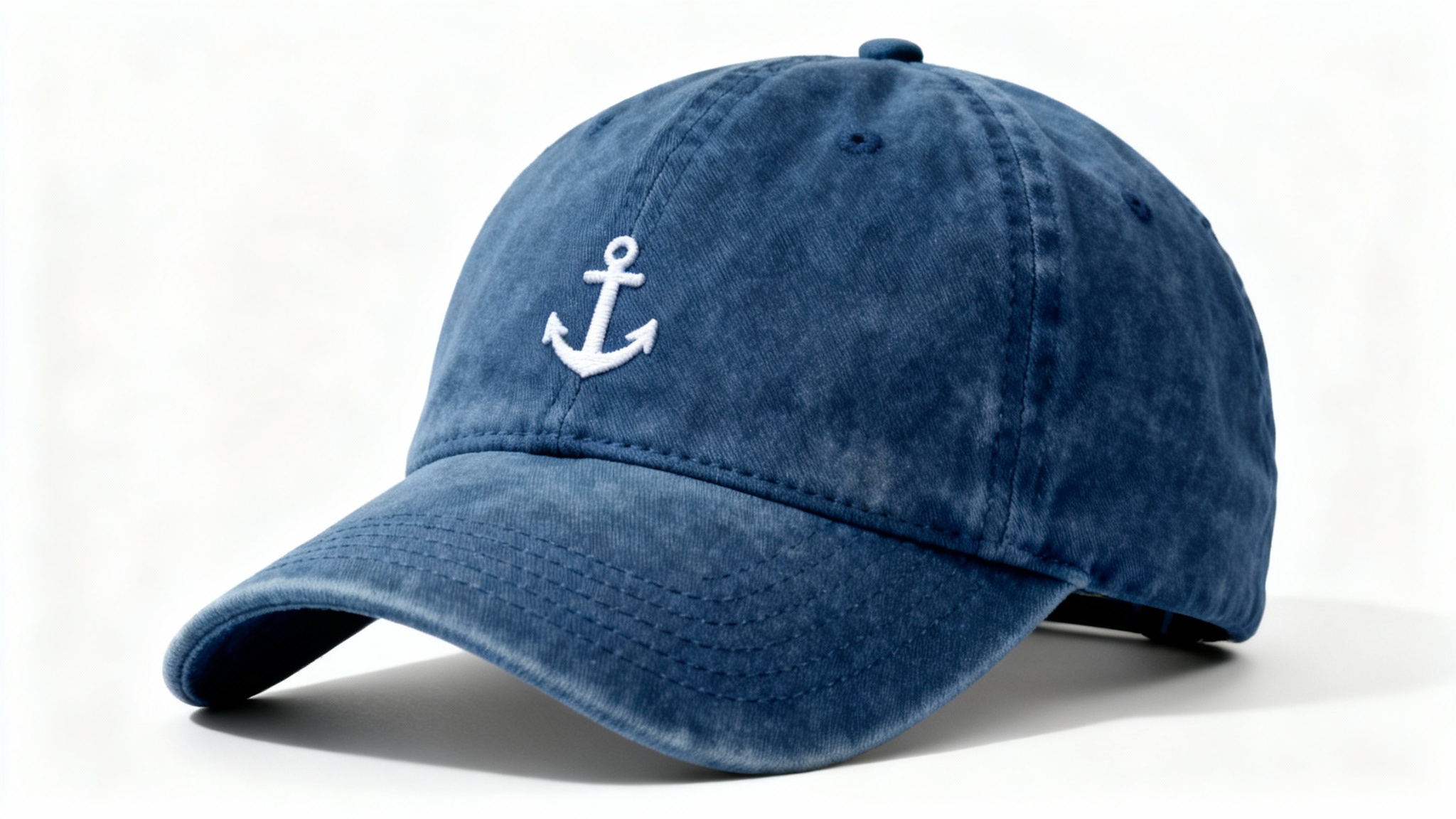 A professional product mockup of a navy blue dad hat with a small white embroidered anchor on the front, displayed on a clean white background.