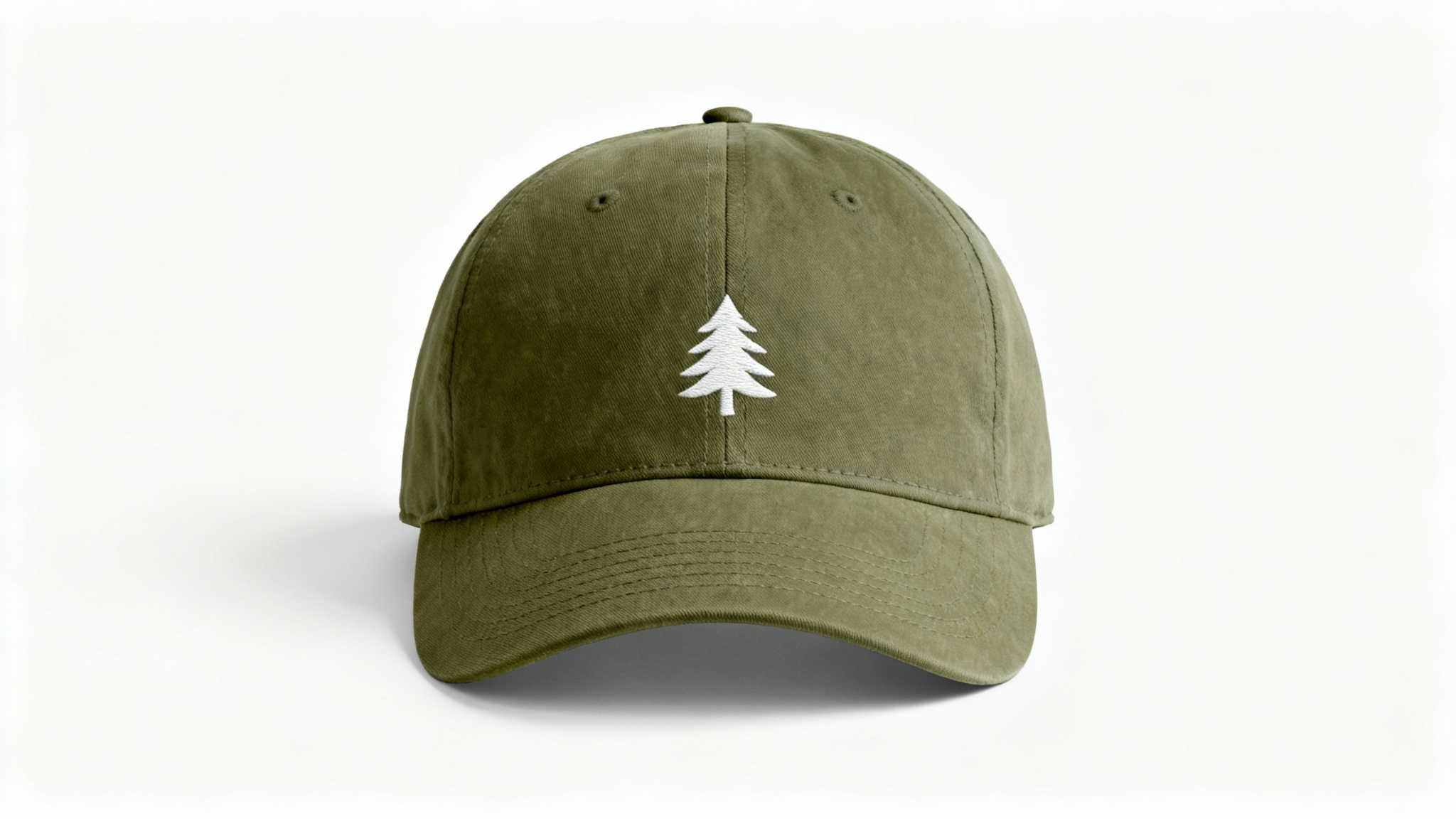 A professional product mockup of an olive green dad hat with a white embroidered pine tree logo, presented on a clean white background.