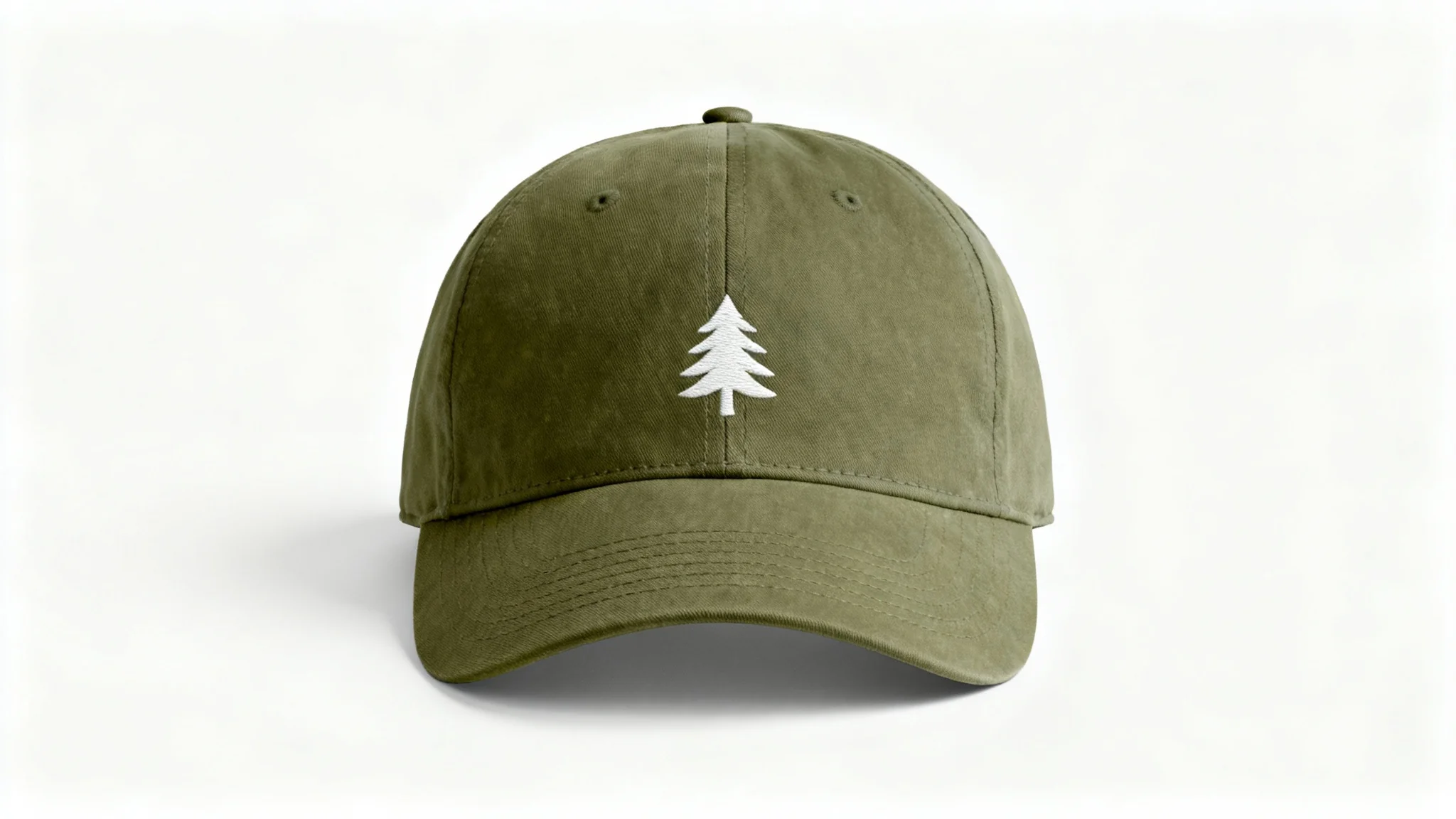 A professional product mockup of an olive green dad hat with a white embroidered pine tree logo, presented on a clean white background.