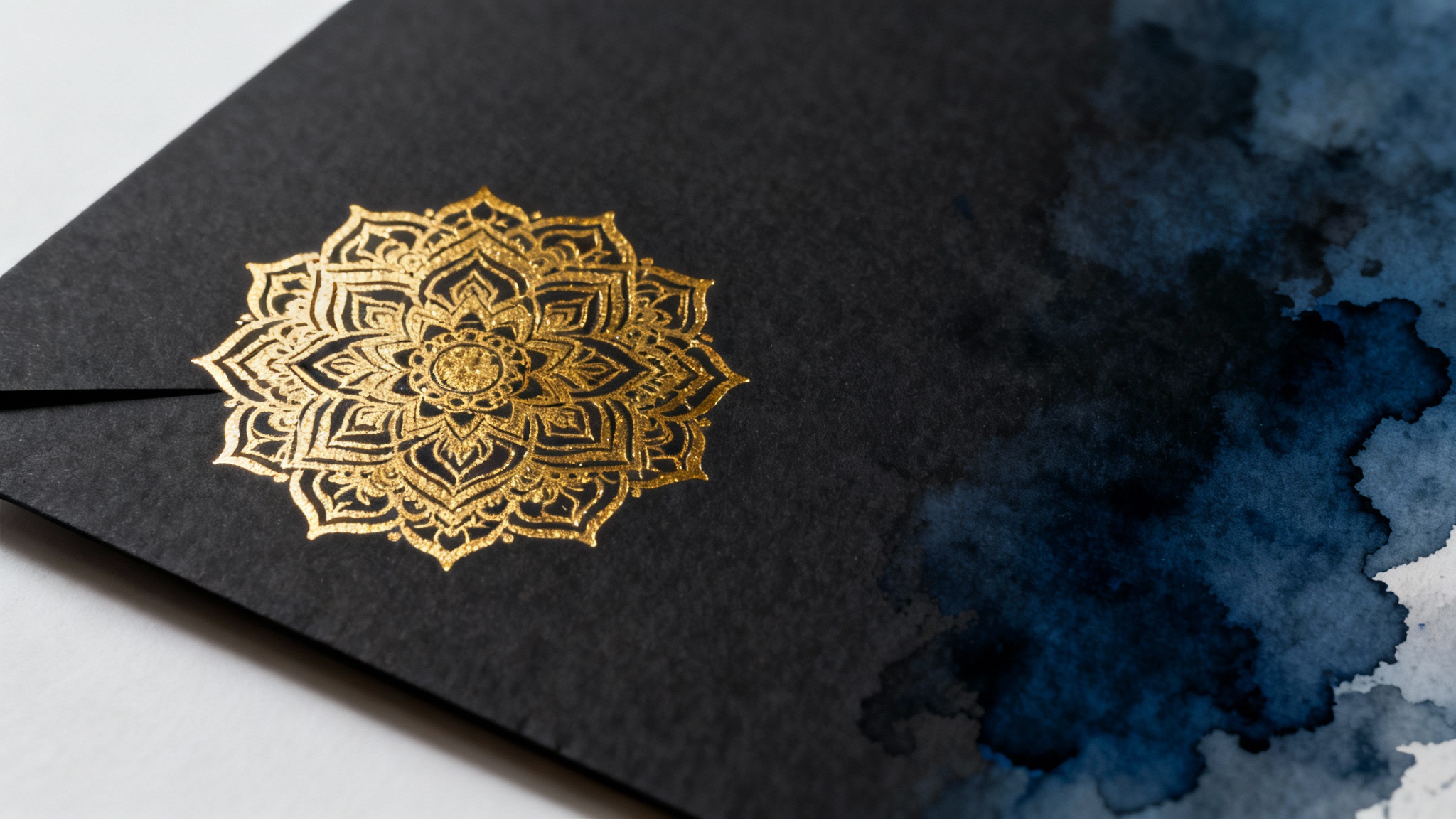 A close-up shot of an intricate, shimmering gold mandala design placed on a dark, textured background, demonstrating its use in a professional design.
