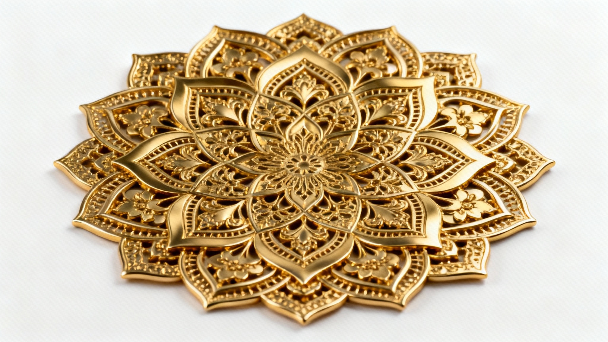 An intricate, symmetrical mandala design in a shimmering gold color, isolated against a plain white background, showcasing its detailed geometric and floral patterns.
