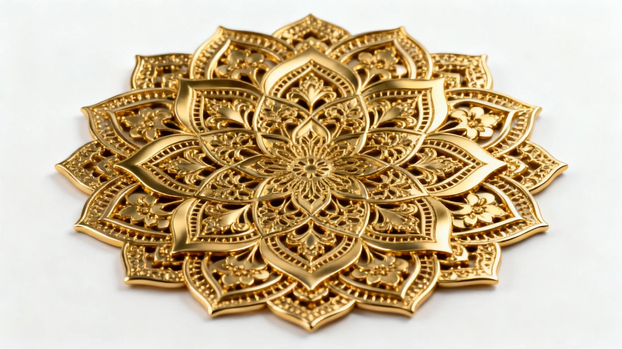 An intricate, symmetrical mandala design in a shimmering gold color, isolated against a plain white background, showcasing its detailed geometric and floral patterns.
