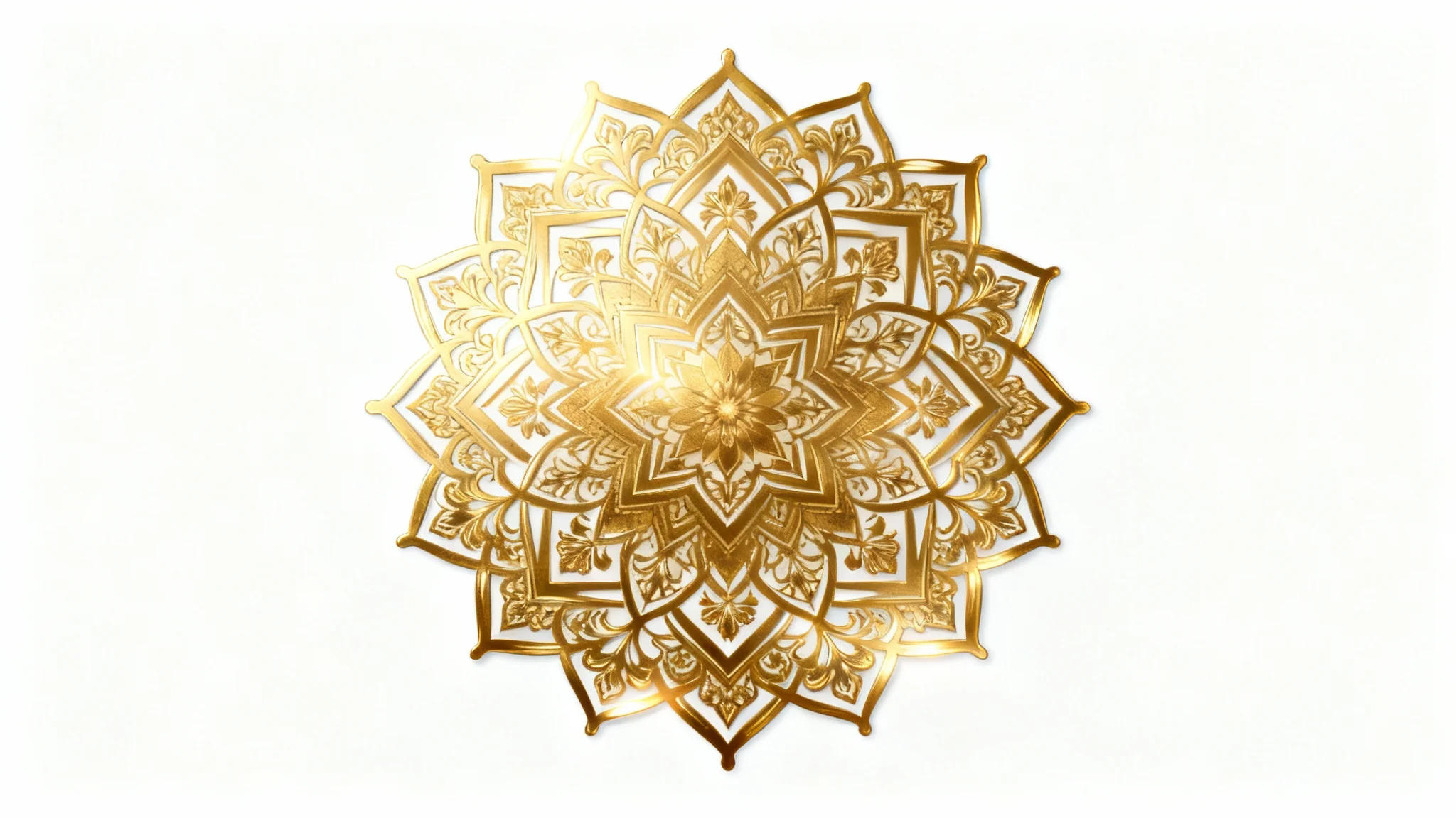 An intricate, symmetrical gold mandala with detailed geometric and floral patterns, displayed on a clean white background.