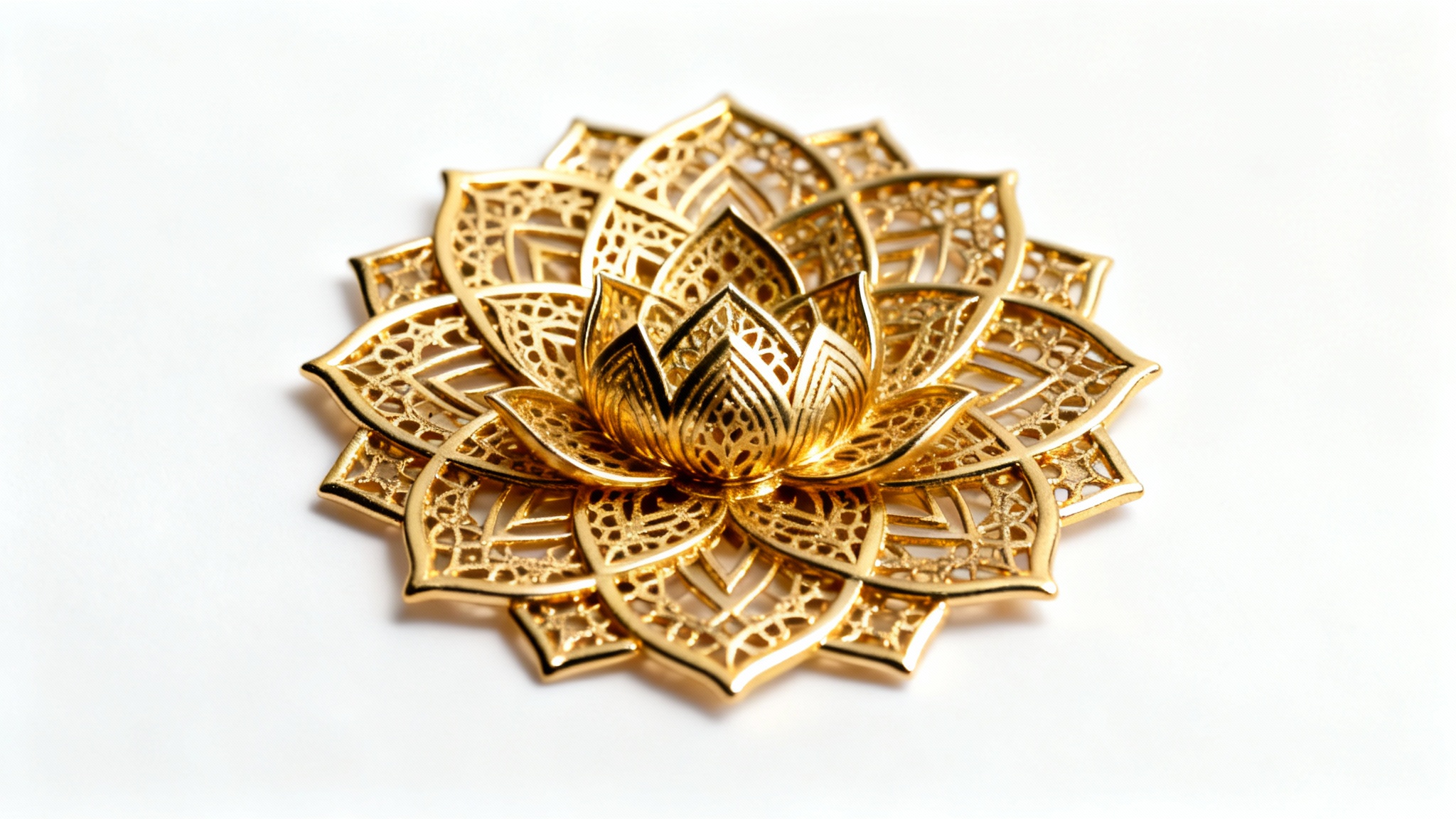 A detailed, symmetrical gold mandala with intricate geometric and floral patterns, presented on a clean white background.