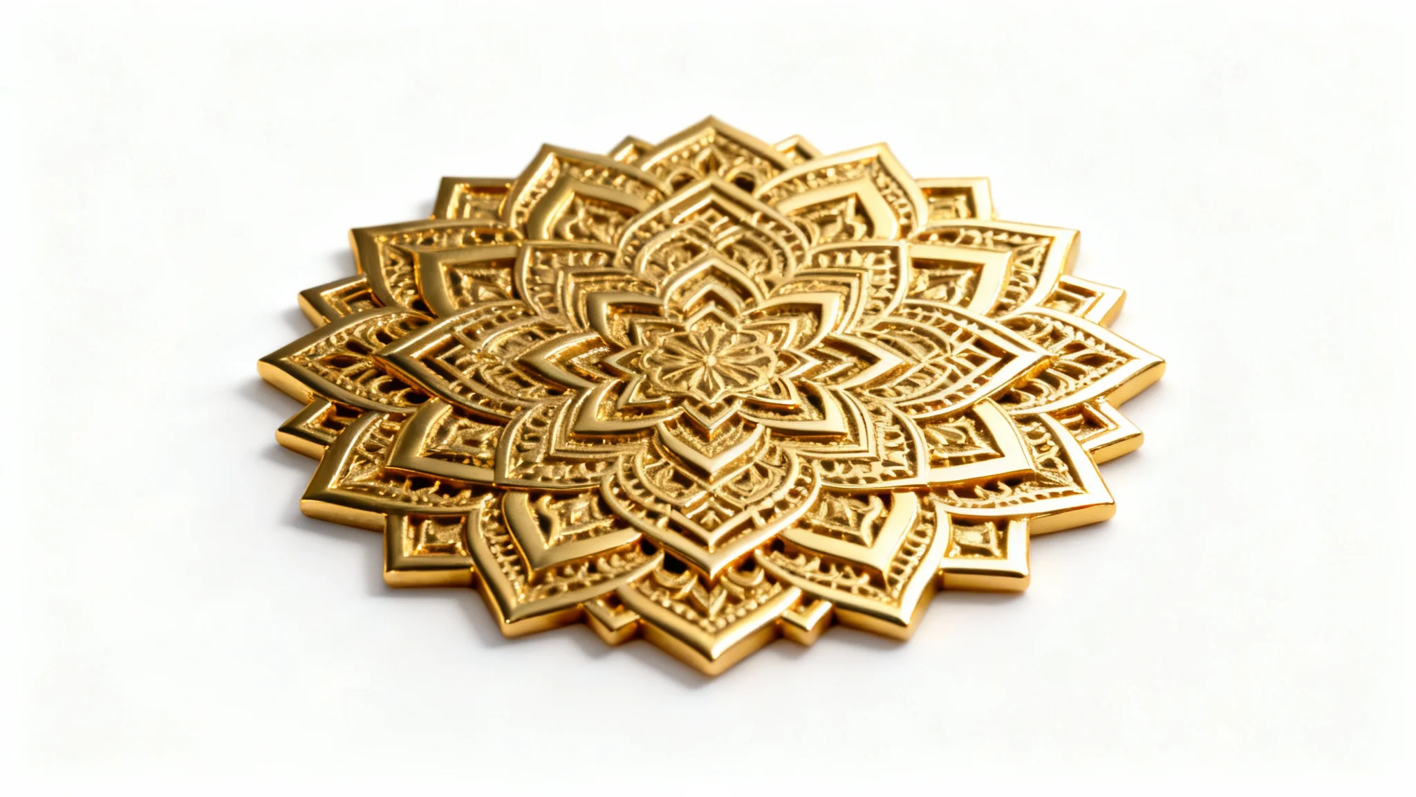 A close-up of a beautiful, intricate gold mandala with complex geometric patterns, isolated on a clean white background.