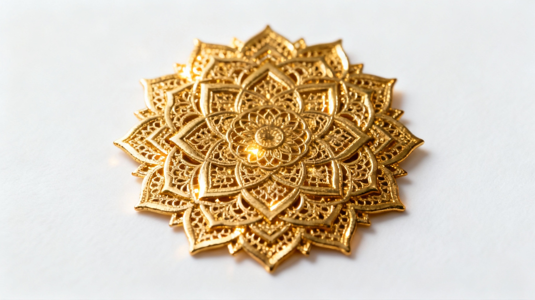 An intricate, symmetrical gold mandala with a polished metallic finish, shown in a detailed close-up against a plain white background.