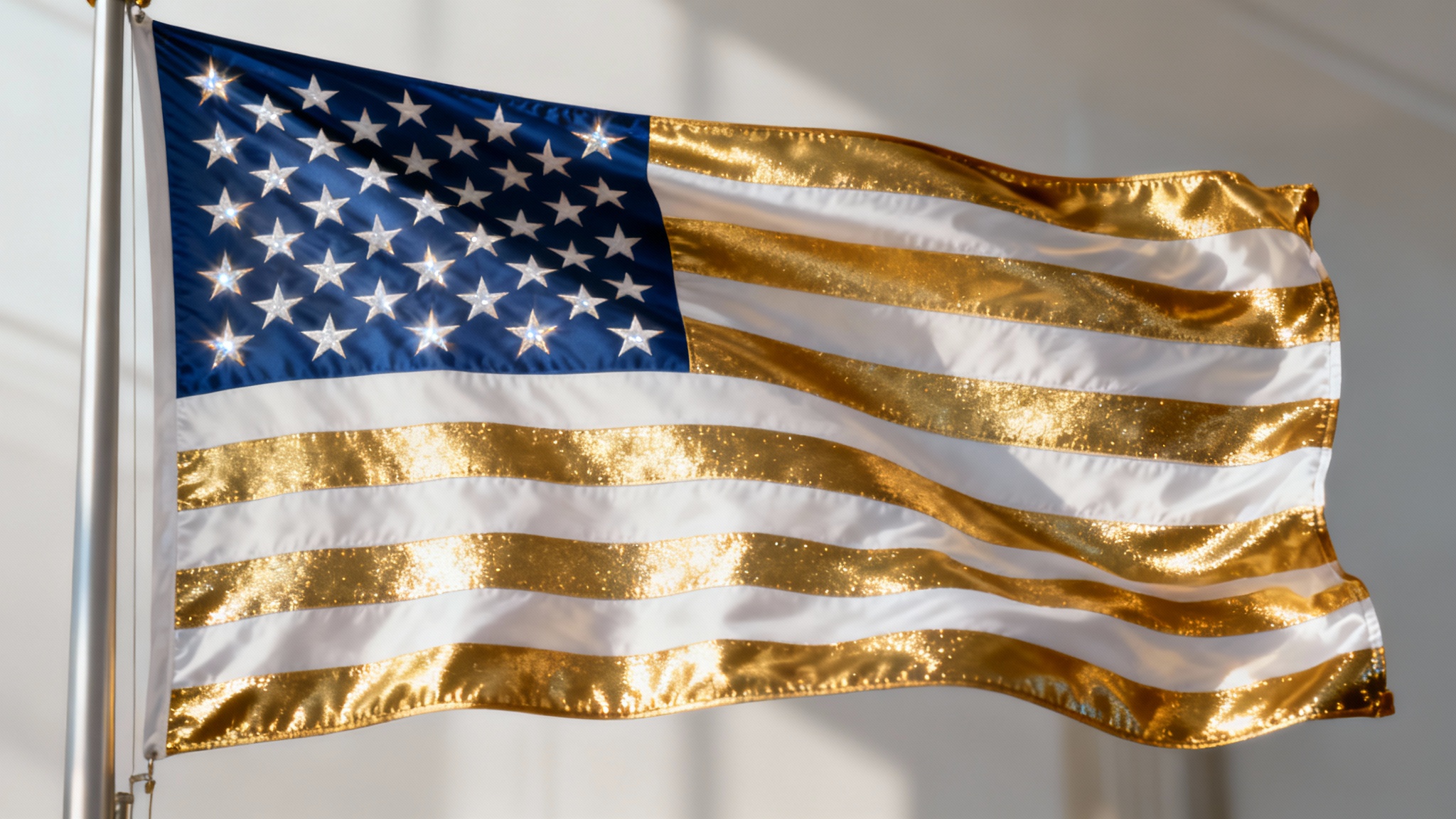 A photorealistic hero image of a stylized American flag, featuring shimmering gold stripes and a gold canton with 50 white stars, waving gently against a clean background.