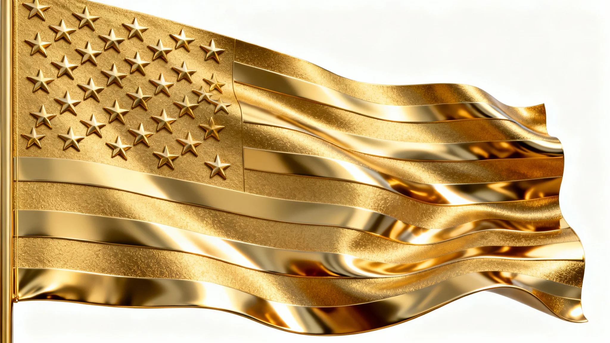 A stunning, photorealistic mockup of an American flag made entirely from gold, with varying textures of polished and brushed metal, waving gently against a clean white background.
