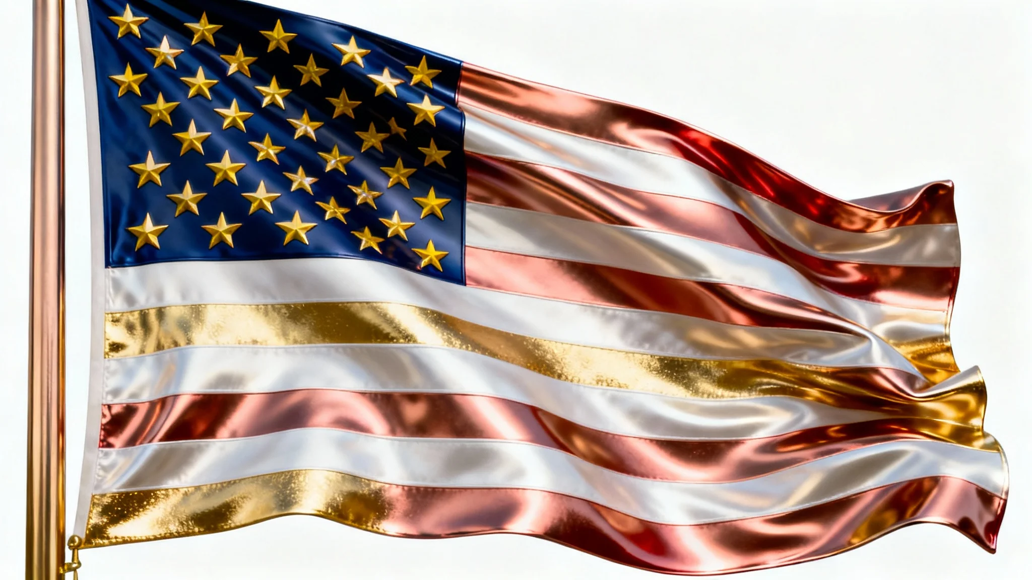 A stunning, photorealistic image of an American flag made from polished rose gold, white gold, and blue enamel, waving gently against a solid white background.