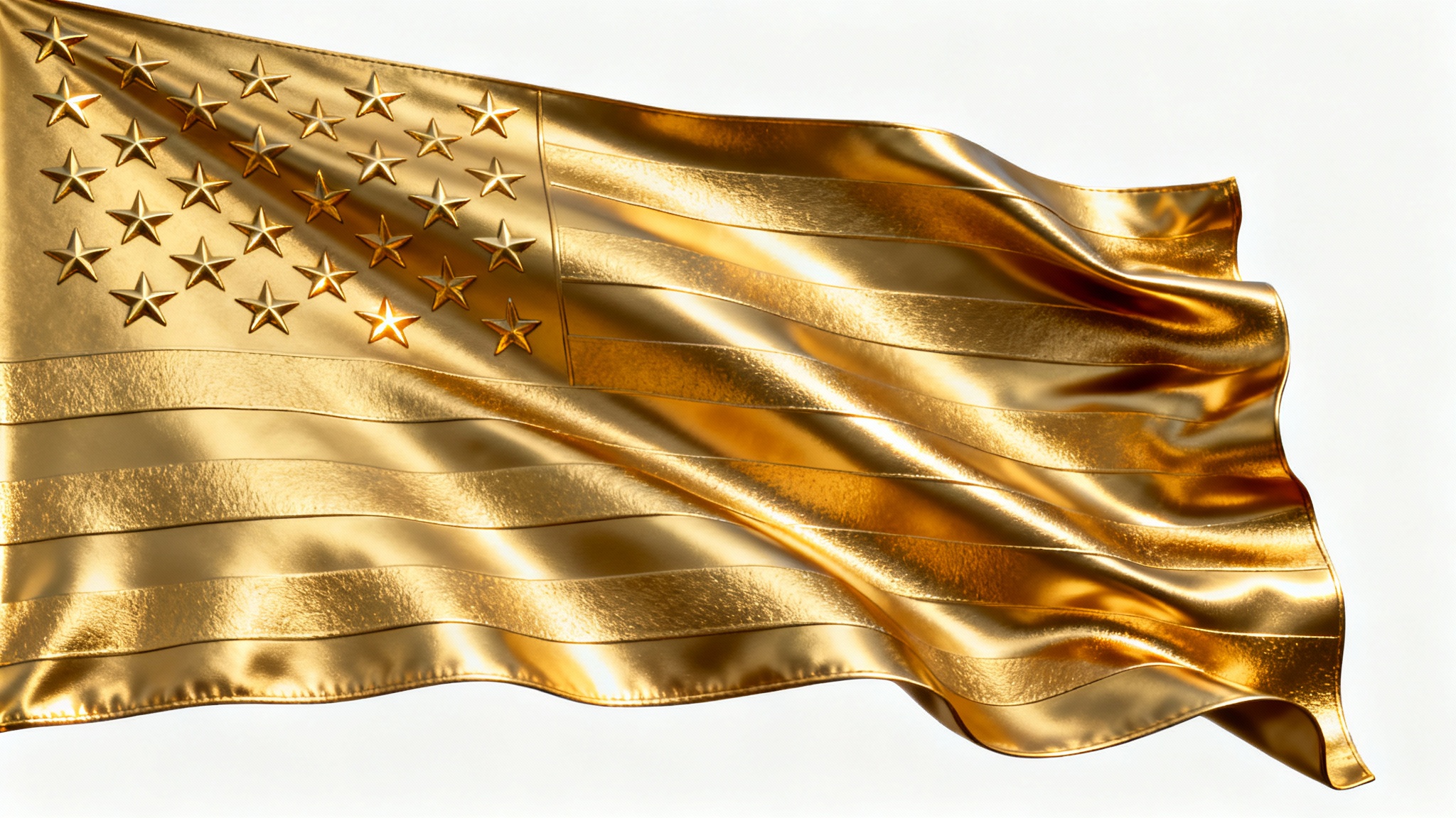 A close-up, detailed image of an American flag made from polished and brushed gold, waving elegantly against a pure white background.