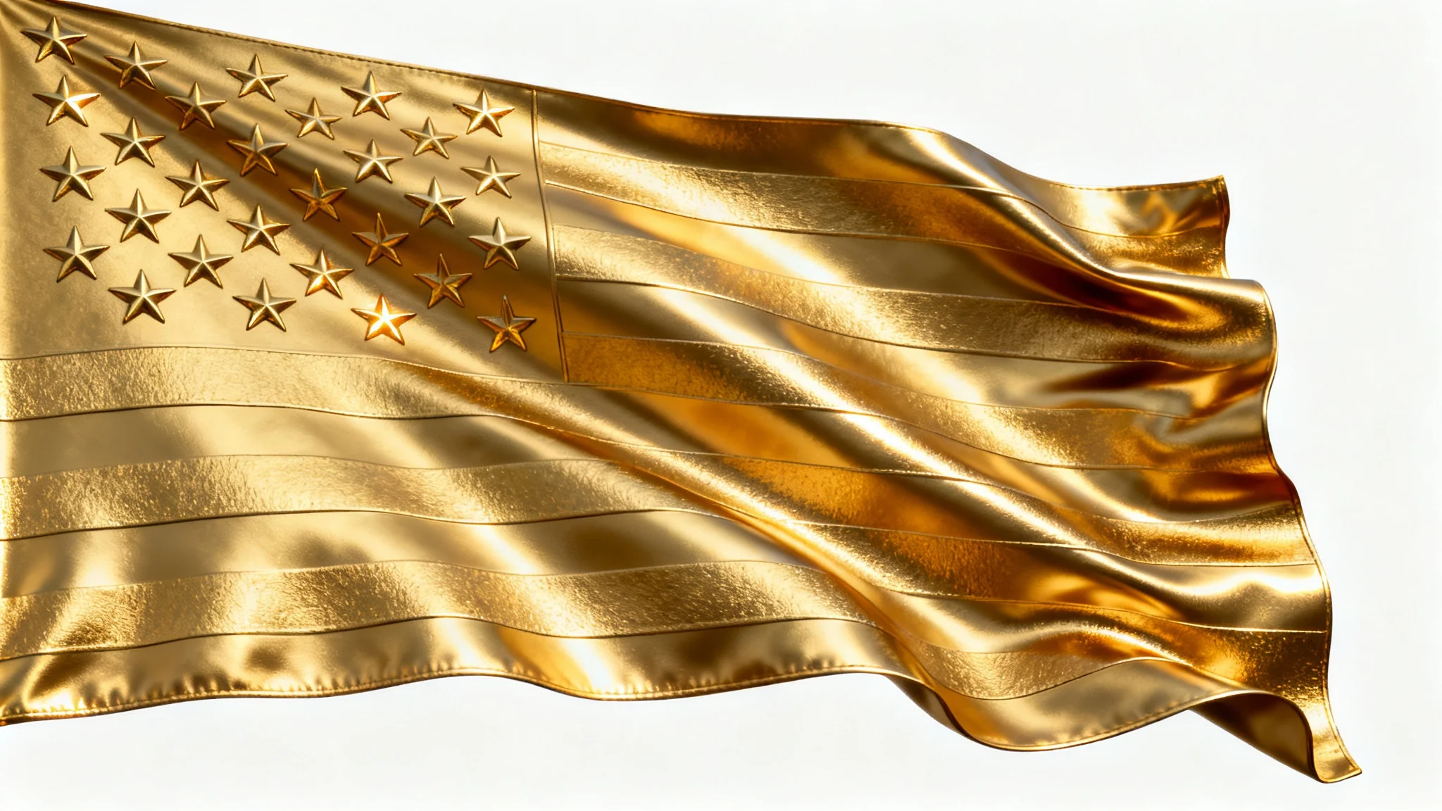 A close-up, detailed image of an American flag made from polished and brushed gold, waving elegantly against a pure white background.